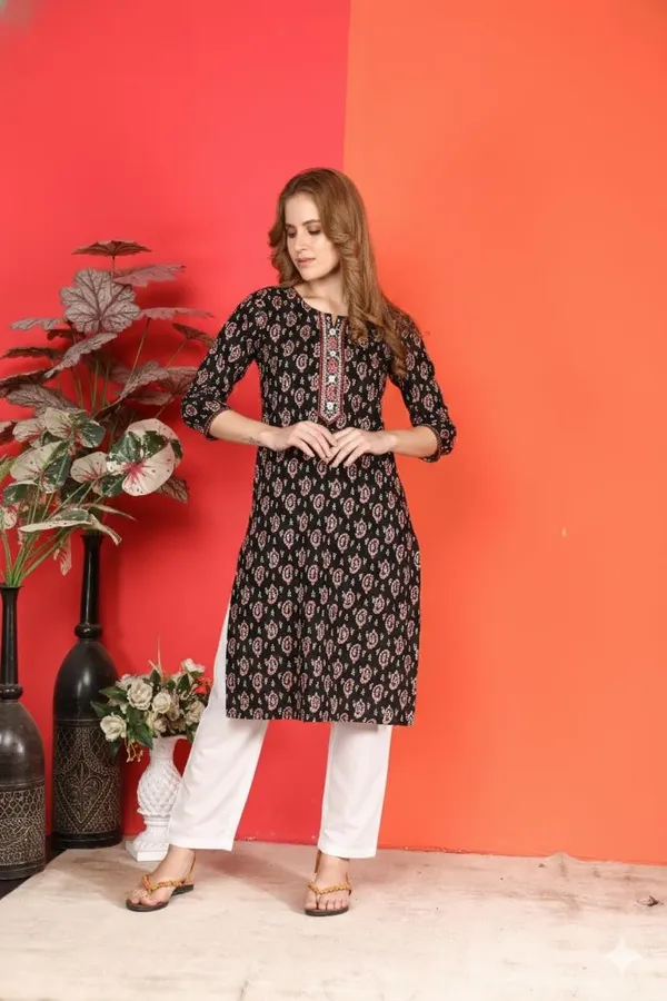 Evolove_Cotton_Printed_Kurti_for_Women_|_3/4_Sleeves_Ethnic_Straight_Kurta_with_Contrast_Round_Neck_Design_|_Soft_and_Comfortable