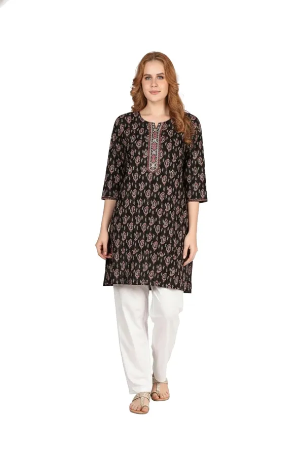 Evolove_Cotton_Printed_Kurti_for_Women_|_3/4_Sleeves_Ethnic_Straight_Kurta_with_Contrast_Round_Neck_Design_|_Soft_and_Comfortable