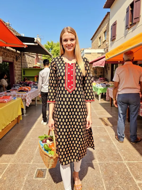 Evolove_Cotton_Printed_Kurti_for_Women_|_3/4_Sleeves_Ethnic_Straight_Kurta_with_Contrast_Round_Neck_Design_|_Soft_&_Comfortable_Black_&_Red