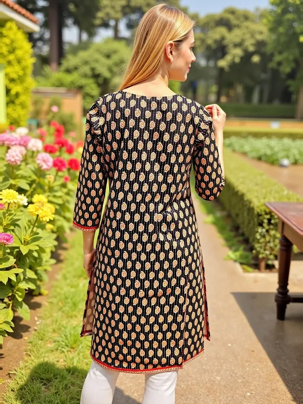 Evolove_Cotton_Printed_Kurti_for_Women_|_3/4_Sleeves_Ethnic_Straight_Kurta_with_Contrast_Round_Neck_Design_|_Soft_&_Comfortable_Black_&_Red
