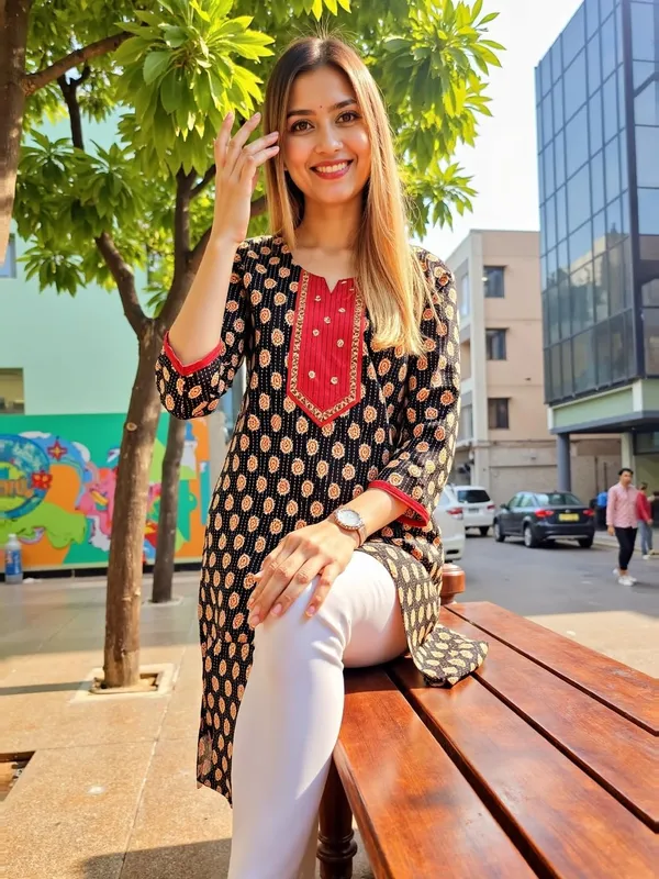 Evolove_Cotton_Printed_Kurti_for_Women_|_3/4_Sleeves_Ethnic_Straight_Kurta_with_Contrast_Round_Neck_Design_|_Soft_&_Comfortable_Black_&_Red