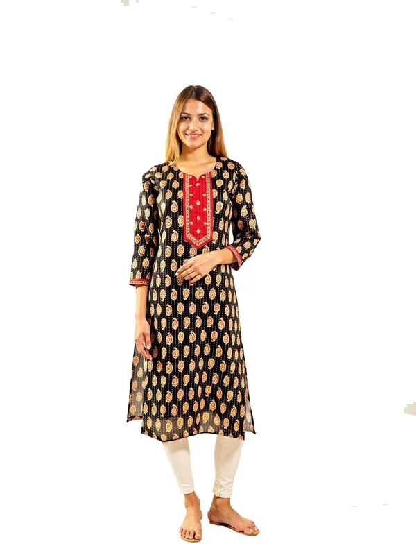 Evolove_Cotton_Printed_Kurti_for_Women_|_3/4_Sleeves_Ethnic_Straight_Kurta_with_Contrast_Round_Neck_Design_|_Soft_&_Comfortable_Black_&_Red