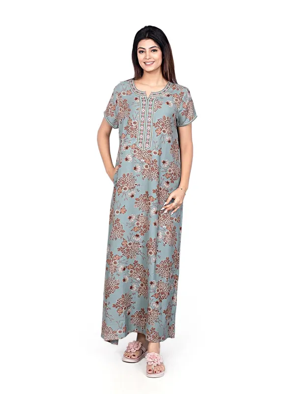 Pine_Green_Alpine_Fabric_Nighty_Maxi_For_Women_With_Side_Pocket_And_Neckline_Embroidery_|_Printed_Short_Sleeves_Full_Length_Night_Wear_Gown