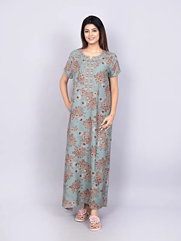 Pine_Green_Alpine_Fabric_Nighty_Maxi_For_Women_With_Side_Pocket_And_Neckline_Embroidery_|_Printed_Short_Sleeves_Full_Length_Night_Wear_Gown