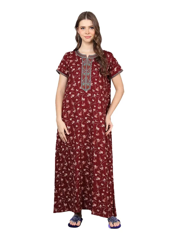 Maroon_Alpine_Fabric_Maxi_Nighty_|_Printed_Short_Sleeves_Full_Length_Night_Gown