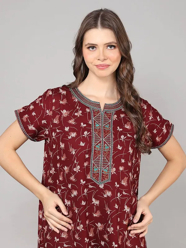 Maroon_Alpine_Fabric_Maxi_Nighty_|_Printed_Short_Sleeves_Full_Length_Night_Gown