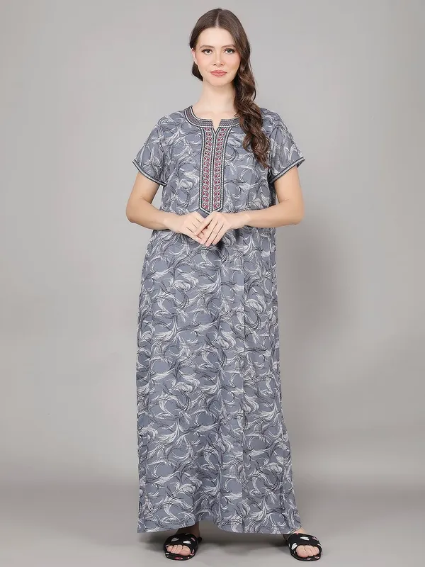 Dark_Grey_Alpine_Fabric_Maxi_Nighty_|_Printed_Short_Sleeves_Full_Length_Night_Gown