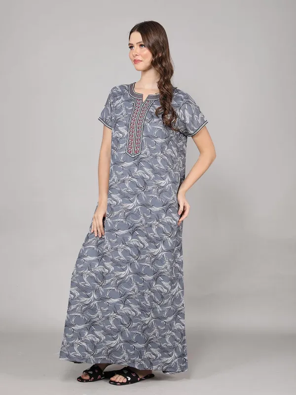 Dark_Grey_Alpine_Fabric_Maxi_Nighty_|_Printed_Short_Sleeves_Full_Length_Night_Gown