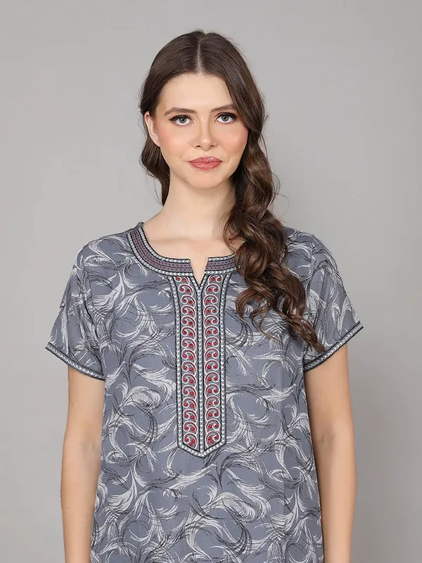 Dark_Grey_Alpine_Fabric_Maxi_Nighty_|_Printed_Short_Sleeves_Full_Length_Night_Gown