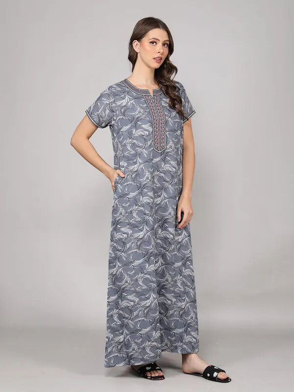 Dark_Grey_Alpine_Fabric_Maxi_Nighty_|_Printed_Short_Sleeves_Full_Length_Night_Gown