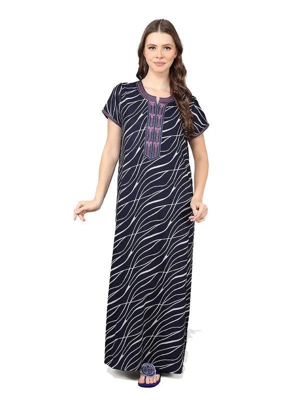 Midnight_Blue_Alpine_Fabric_Maxi_Nighty_|_Printed_Short_Sleeves_Full_Length_Night_Gown