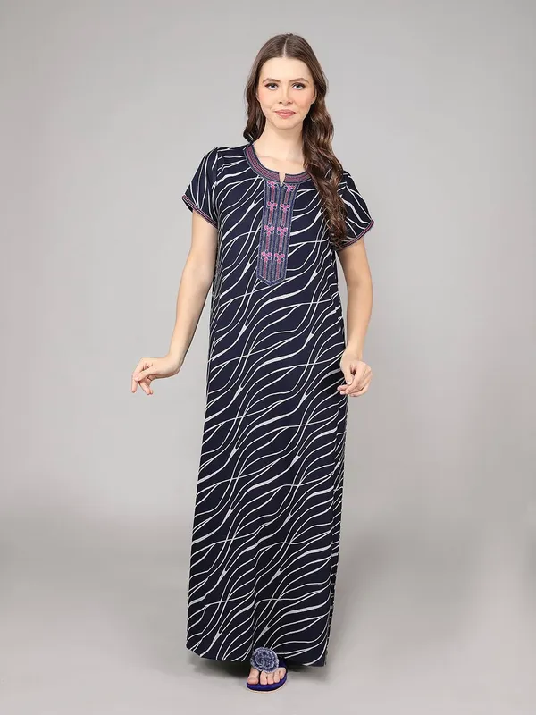 Midnight_Blue_Alpine_Fabric_Maxi_Nighty_|_Printed_Short_Sleeves_Full_Length_Night_Gown