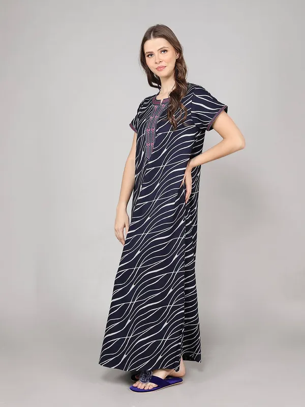 Midnight_Blue_Alpine_Fabric_Maxi_Nighty_|_Printed_Short_Sleeves_Full_Length_Night_Gown