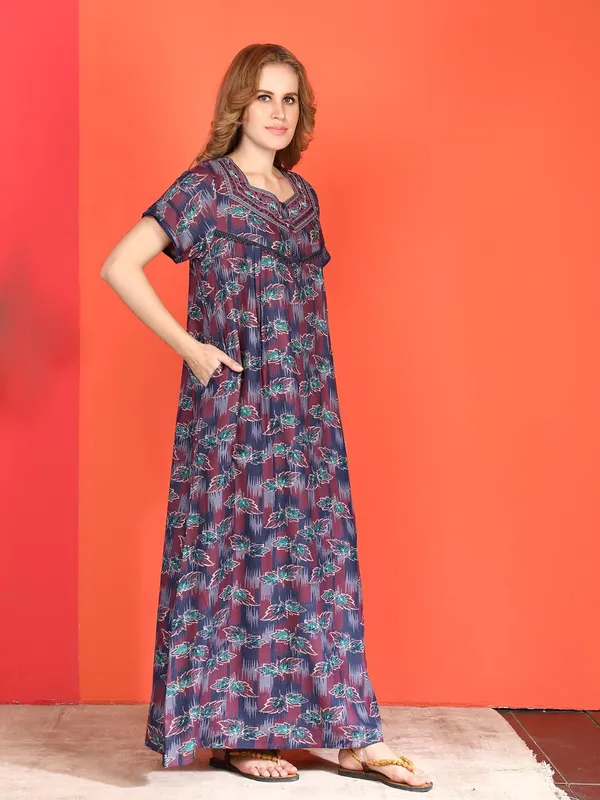 Evolove_Alpine_Nighty_Maxi_For_Women_With_Side_Pocket_|_Round_Neck_Printed_Short_Sleeves_Full_Length_Night_Wear_Gown_Dark_Purple_X-Large