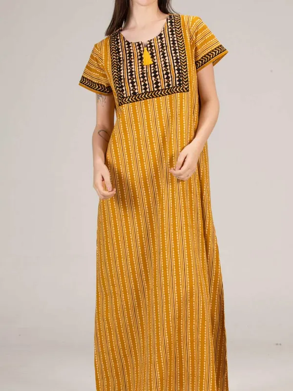 Evolove_Women's_Mustard_Cotton_Printed_Nighty_|_Soft_Breathable_Full_Length_Night_Gown_with_Contrast_Bib_Yoke_&_Tassel_|_Daily_Wear_Loungewear