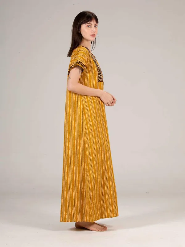 Evolove_Women's_Mustard_Cotton_Printed_Nighty_|_Soft_Breathable_Full_Length_Night_Gown_with_Contrast_Bib_Yoke_&_Tassel_|_Daily_Wear_Loungewear