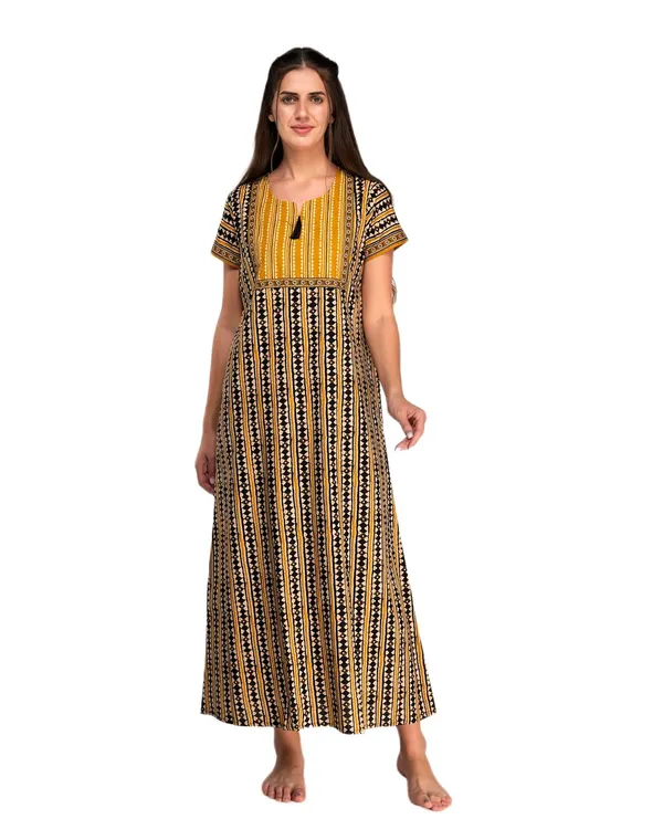 Evolove_Women's_Dark_YellowCotton_Printed_Nighty_|_Soft_Breathable_Full_Length_Night_Gown_with_Contrast_Bib_Yoke_&_Tassel_|_Daily_Wear_Loungewear