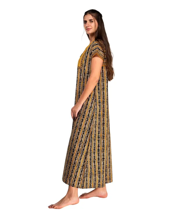 Evolove_Women's_Dark_YellowCotton_Printed_Nighty_|_Soft_Breathable_Full_Length_Night_Gown_with_Contrast_Bib_Yoke_&_Tassel_|_Daily_Wear_Loungewear