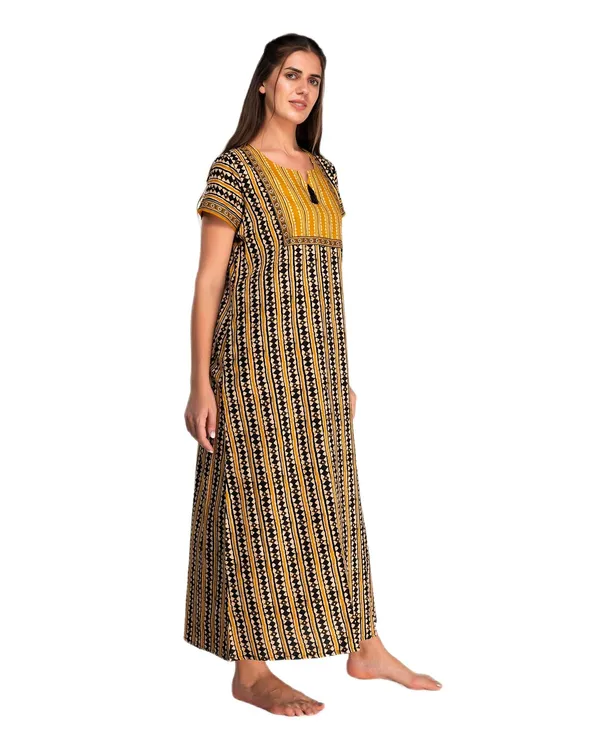 Evolove_Women's_Dark_YellowCotton_Printed_Nighty_|_Soft_Breathable_Full_Length_Night_Gown_with_Contrast_Bib_Yoke_&_Tassel_|_Daily_Wear_Loungewear