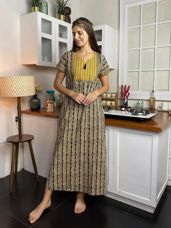 Evolove_Women's_Dark_YellowCotton_Printed_Nighty_|_Soft_Breathable_Full_Length_Night_Gown_with_Contrast_Bib_Yoke_&_Tassel_|_Daily_Wear_Loungewear