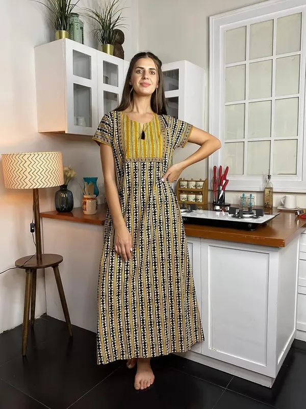 Evolove_Women's_Dark_YellowCotton_Printed_Nighty_|_Soft_Breathable_Full_Length_Night_Gown_with_Contrast_Bib_Yoke_&_Tassel_|_Daily_Wear_Loungewear