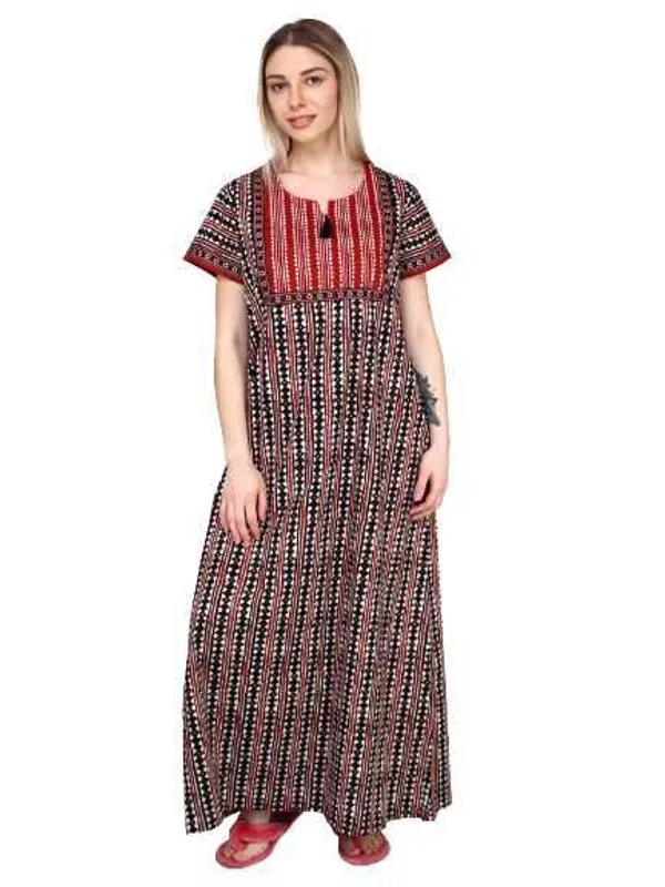 Evolove_Women's_Dark_Red_Cotton_Printed_Nighty_|_Soft_Breathable_Full_Length_Night_Gown_with_Contrast_Bib_Yoke_&_Tassel_|_Daily_Wear_Loungewear
