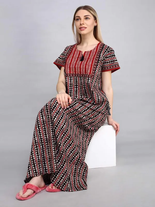 Evolove_Women's_Dark_Red_Cotton_Printed_Nighty_|_Soft_Breathable_Full_Length_Night_Gown_with_Contrast_Bib_Yoke_&_Tassel_|_Daily_Wear_Loungewear