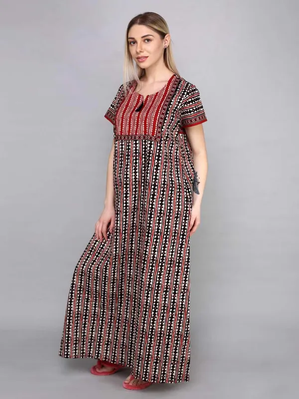 Evolove_Women's_Dark_Red_Cotton_Printed_Nighty_|_Soft_Breathable_Full_Length_Night_Gown_with_Contrast_Bib_Yoke_&_Tassel_|_Daily_Wear_Loungewear