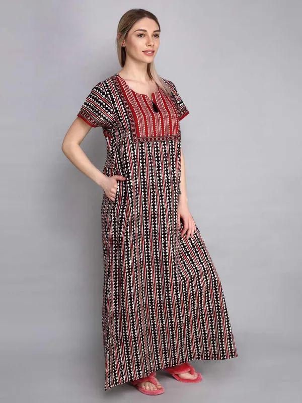Evolove_Women's_Dark_Red_Cotton_Printed_Nighty_|_Soft_Breathable_Full_Length_Night_Gown_with_Contrast_Bib_Yoke_&_Tassel_|_Daily_Wear_Loungewear