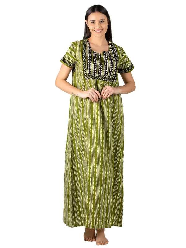 Evolove_Women's_Pepper_Green_Cotton_Printed_Nighty_|_Soft_Breathable_Full_Length_Night_Gown_with_Contrast_Bib_Yoke_&_Tassel_|_Daily_Wear_Loungewear