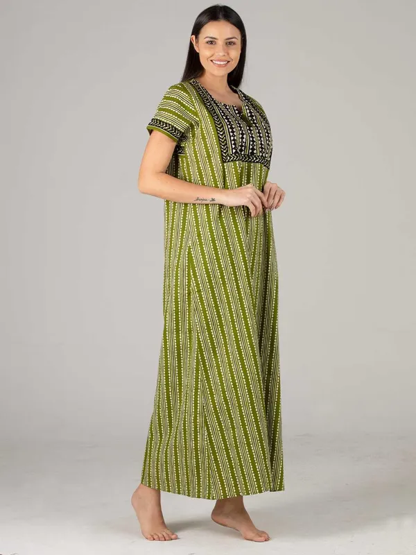 Evolove_Women's_Pepper_Green_Cotton_Printed_Nighty_|_Soft_Breathable_Full_Length_Night_Gown_with_Contrast_Bib_Yoke_&_Tassel_|_Daily_Wear_Loungewear