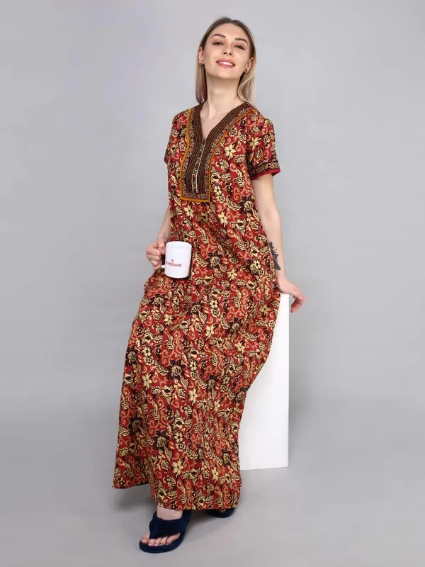 Evolove_Cotton_Embroidery_Nighty_Maxi_for_Women_with_Side_Pocket_|_Printed_Short_Sleeves_Full_Length_Night_Wear_Gown_|_Super_Comfortable_|_Summer_Collection.