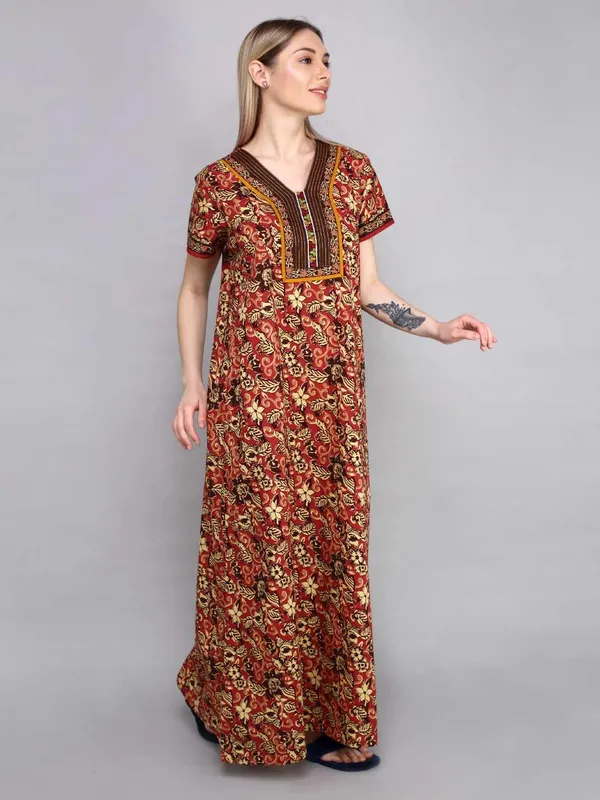 Evolove_Cotton_Embroidery_Nighty_Maxi_for_Women_with_Side_Pocket_|_Printed_Short_Sleeves_Full_Length_Night_Wear_Gown_|_Super_Comfortable_|_Summer_Collection.