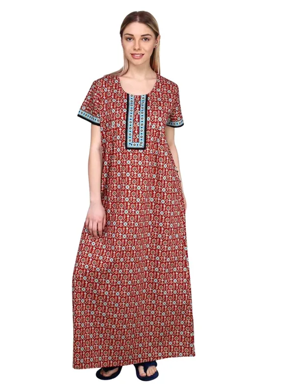 Evolove_Red_Women's_Cotton_Button_Placket_Long_Nighty_|_Soft_Breathable_Printed_Full_Length_Night_Gown_with_Contrast_Yoke_|_Comfortable_Sleepwear_&_Home_Wear_|_Button_Down_Style_|_Natural_Coconut_Buttons