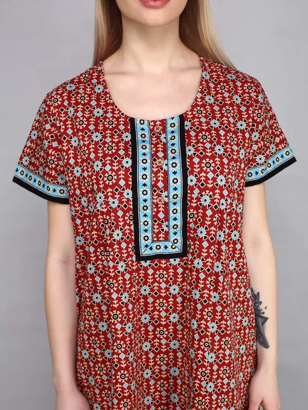 Evolove_Red_Women's_Cotton_Button_Placket_Long_Nighty_|_Soft_Breathable_Printed_Full_Length_Night_Gown_with_Contrast_Yoke_|_Comfortable_Sleepwear_&_Home_Wear_|_Button_Down_Style_|_Natural_Coconut_Buttons