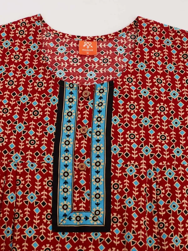 Evolove_Red_Women's_Cotton_Button_Placket_Long_Nighty_|_Soft_Breathable_Printed_Full_Length_Night_Gown_with_Contrast_Yoke_|_Comfortable_Sleepwear_&_Home_Wear_|_Button_Down_Style_|_Natural_Coconut_Buttons