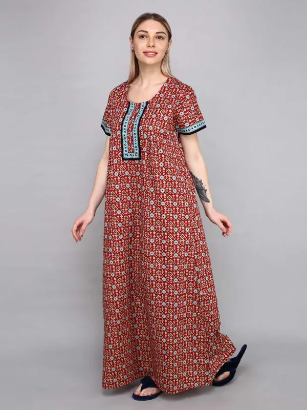 Evolove_Red_Women's_Cotton_Button_Placket_Long_Nighty_|_Soft_Breathable_Printed_Full_Length_Night_Gown_with_Contrast_Yoke_|_Comfortable_Sleepwear_&_Home_Wear_|_Button_Down_Style_|_Natural_Coconut_Buttons