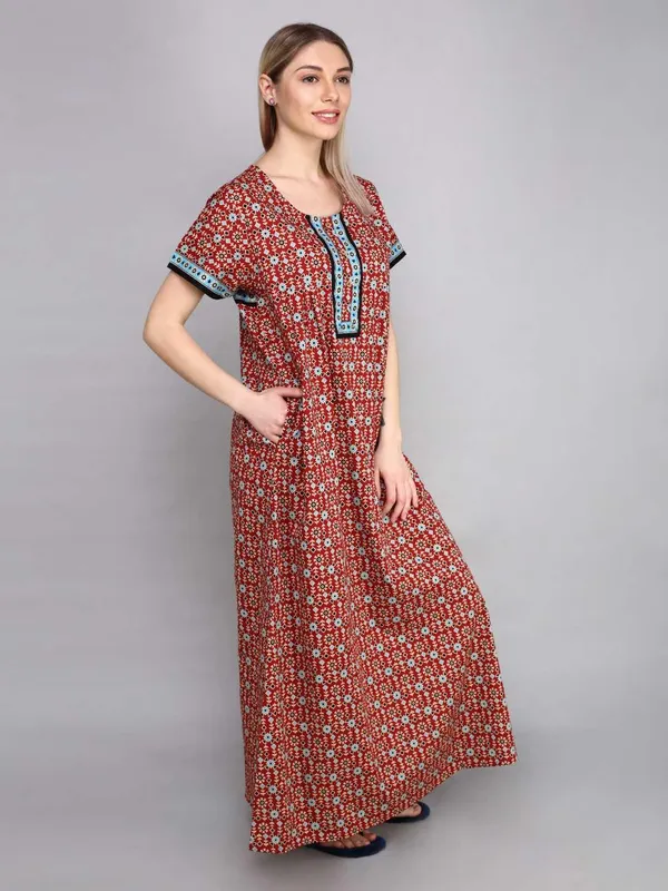 Evolove_Red_Women's_Cotton_Button_Placket_Long_Nighty_|_Soft_Breathable_Printed_Full_Length_Night_Gown_with_Contrast_Yoke_|_Comfortable_Sleepwear_&_Home_Wear_|_Button_Down_Style_|_Natural_Coconut_Buttons