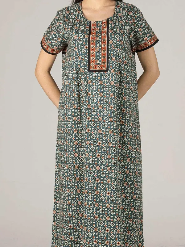 Evolove_Light_Teal_Women's_Cotton_Button_Placket_Long_Nighty_|_Soft_Breathable_Printed_Full_Length_Night_Gown_with_Contrast_Yoke_|_Comfortable_Sleepwear_&_Home_Wear_|_Button_Down_Style_|_Natural_Coconut_Buttons