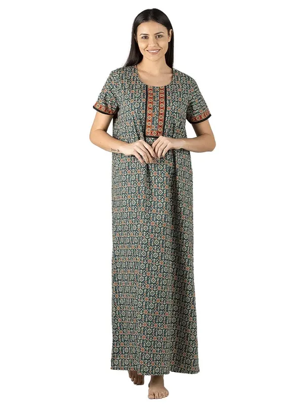 Evolove_Light_Teal_Women's_Cotton_Button_Placket_Long_Nighty_|_Soft_Breathable_Printed_Full_Length_Night_Gown_with_Contrast_Yoke_|_Comfortable_Sleepwear_&_Home_Wear_|_Button_Down_Style_|_Natural_Coconut_Buttons