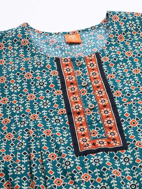 Evolove_Light_Teal_Women's_Cotton_Button_Placket_Long_Nighty_|_Soft_Breathable_Printed_Full_Length_Night_Gown_with_Contrast_Yoke_|_Comfortable_Sleepwear_&_Home_Wear_|_Button_Down_Style_|_Natural_Coconut_Buttons