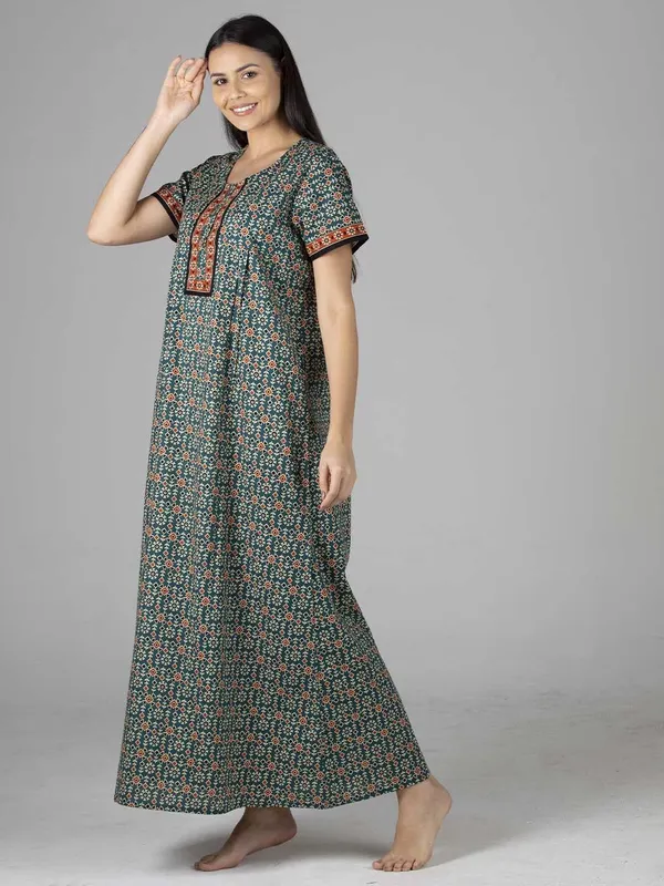 Evolove_Light_Teal_Women's_Cotton_Button_Placket_Long_Nighty_|_Soft_Breathable_Printed_Full_Length_Night_Gown_with_Contrast_Yoke_|_Comfortable_Sleepwear_&_Home_Wear_|_Button_Down_Style_|_Natural_Coconut_Buttons