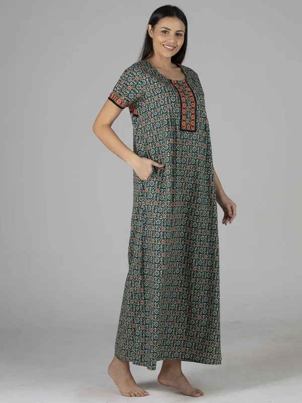 Evolove_Light_Teal_Women's_Cotton_Button_Placket_Long_Nighty_|_Soft_Breathable_Printed_Full_Length_Night_Gown_with_Contrast_Yoke_|_Comfortable_Sleepwear_&_Home_Wear_|_Button_Down_Style_|_Natural_Coconut_Buttons