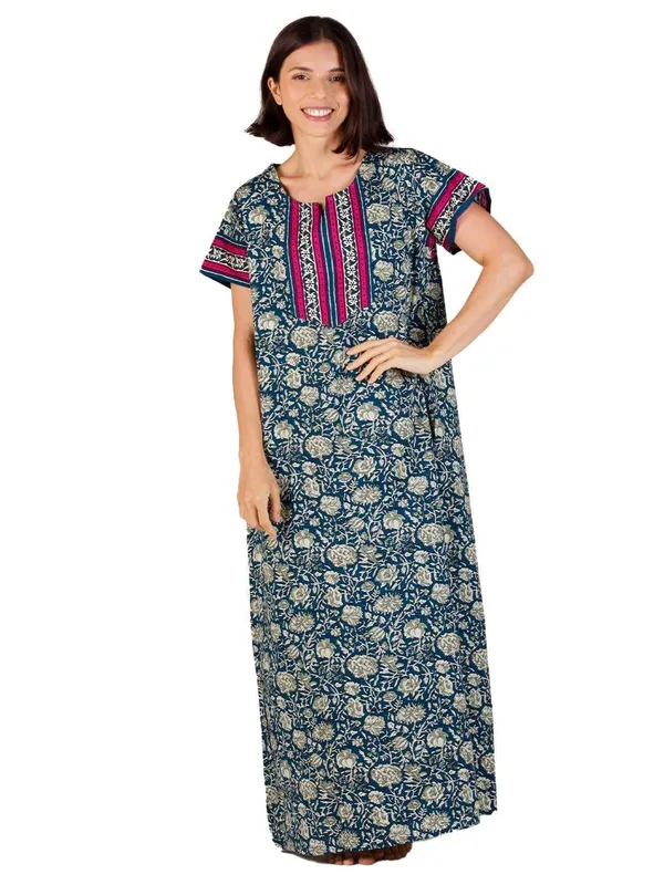 Evolove_Women's_Cotton_Contrast_Patch_Nighty_|_Soft_Breathable_Full_Length_Floral_Printed_Night_Gown_with_Designer_Yoke_|_Half_Sleeve_with_Side_Pocket|_Comfortable_Sleepwear_&_Home_Wear
