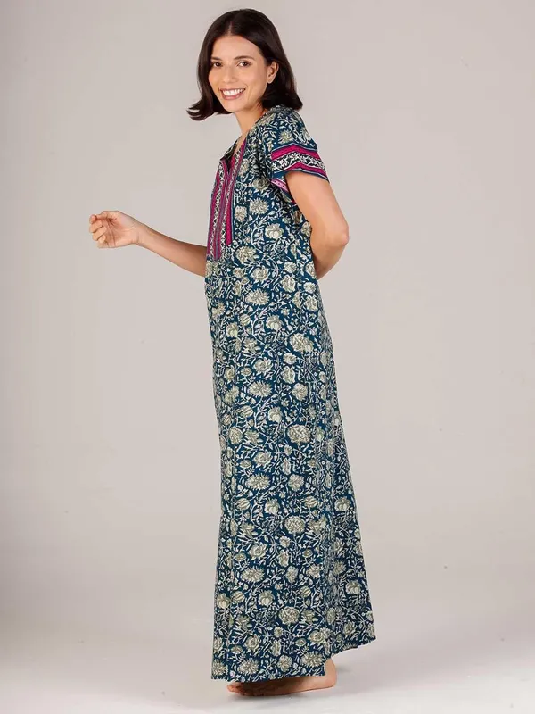 Evolove_Women's_Cotton_Contrast_Patch_Nighty_|_Soft_Breathable_Full_Length_Floral_Printed_Night_Gown_with_Designer_Yoke_|_Half_Sleeve_with_Side_Pocket|_Comfortable_Sleepwear_&_Home_Wear