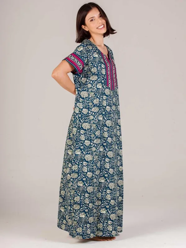 Evolove_Women's_Cotton_Contrast_Patch_Nighty_|_Soft_Breathable_Full_Length_Floral_Printed_Night_Gown_with_Designer_Yoke_|_Half_Sleeve_with_Side_Pocket|_Comfortable_Sleepwear_&_Home_Wear