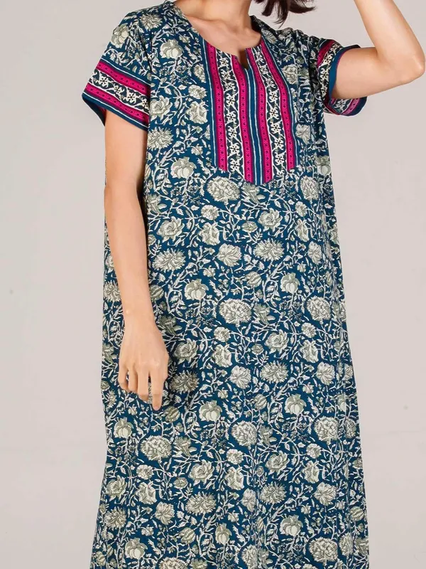 Evolove_Women's_Cotton_Contrast_Patch_Nighty_|_Soft_Breathable_Full_Length_Floral_Printed_Night_Gown_with_Designer_Yoke_|_Half_Sleeve_with_Side_Pocket|_Comfortable_Sleepwear_&_Home_Wear