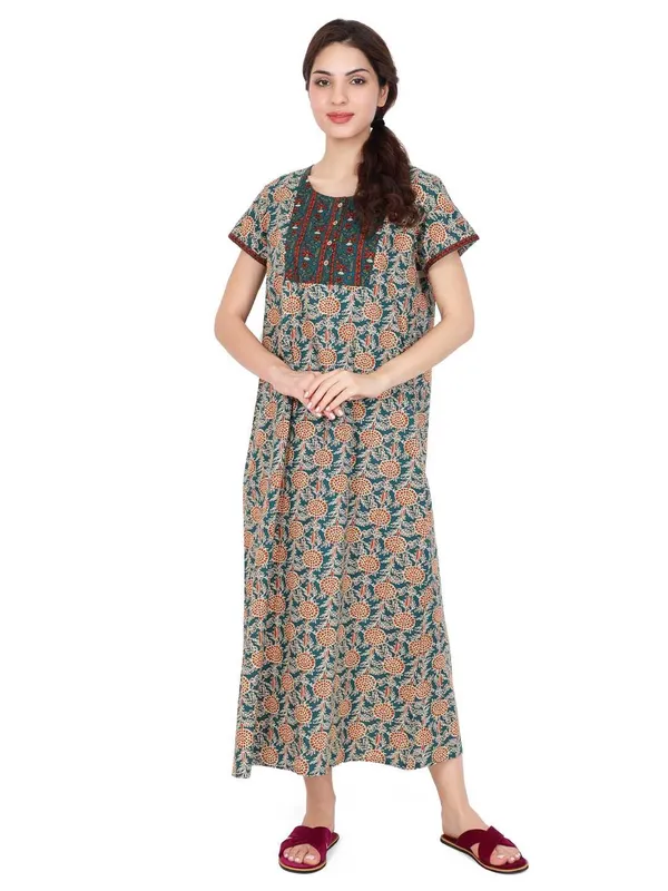 Evolove_Women's_Teal_Green_Cotton_Floral_Printed_Button_Down_Long_Nighty_|_Soft_Breathable_Floral_Printed_Full_Length_Night_Gown_with_Contrast_Patch_Yoke_|_Comfortable_Sleepwear_&_Home_Wear_|_Coconut_Buttons