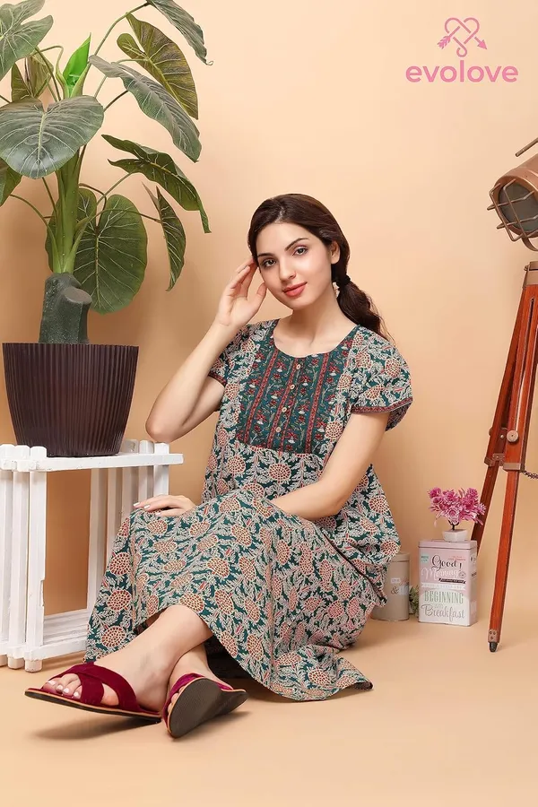 Evolove_Women's_Teal_Green_Cotton_Floral_Printed_Button_Down_Long_Nighty_|_Soft_Breathable_Floral_Printed_Full_Length_Night_Gown_with_Contrast_Patch_Yoke_|_Comfortable_Sleepwear_&_Home_Wear_|_Coconut_Buttons