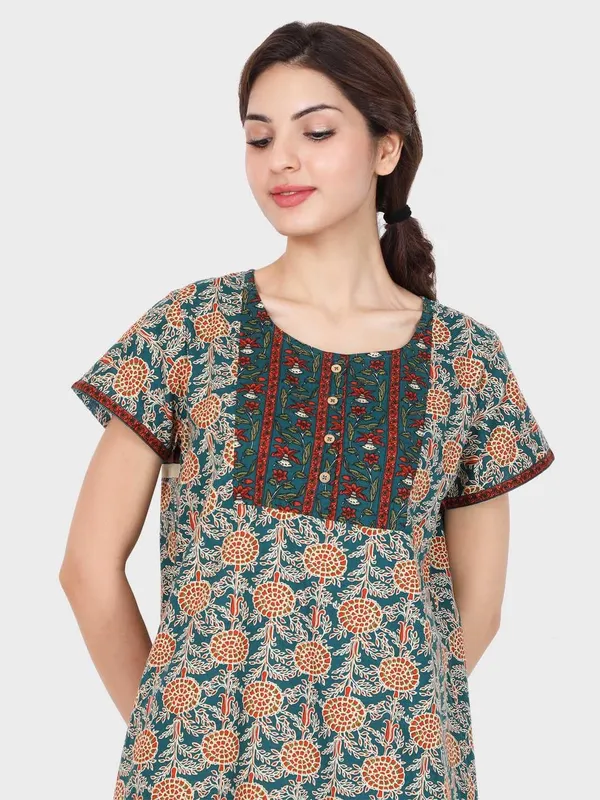 Evolove_Women's_Teal_Green_Cotton_Floral_Printed_Button_Down_Long_Nighty_|_Soft_Breathable_Floral_Printed_Full_Length_Night_Gown_with_Contrast_Patch_Yoke_|_Comfortable_Sleepwear_&_Home_Wear_|_Coconut_Buttons